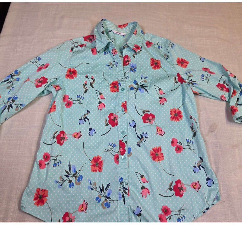 Allison Daley Teal Floral Polka Dot Button Down Shirt Long Sleeve Blouse